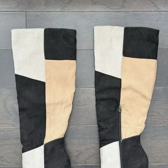 JustFab Faux Suede Patchwork Knee High Heel Boots Womens 10 Black Tan Y2K 90s - Picture 3 of 13